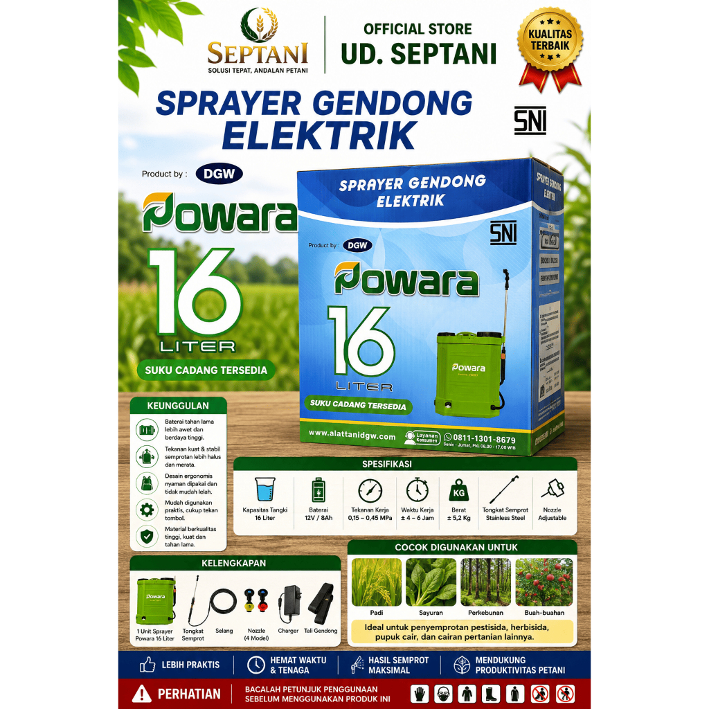 Sprayer Elektrik / Alat Penyemprotan Pertanian Powara DGW 16 Liter Mudah Digunakan, Sparepart Lengka