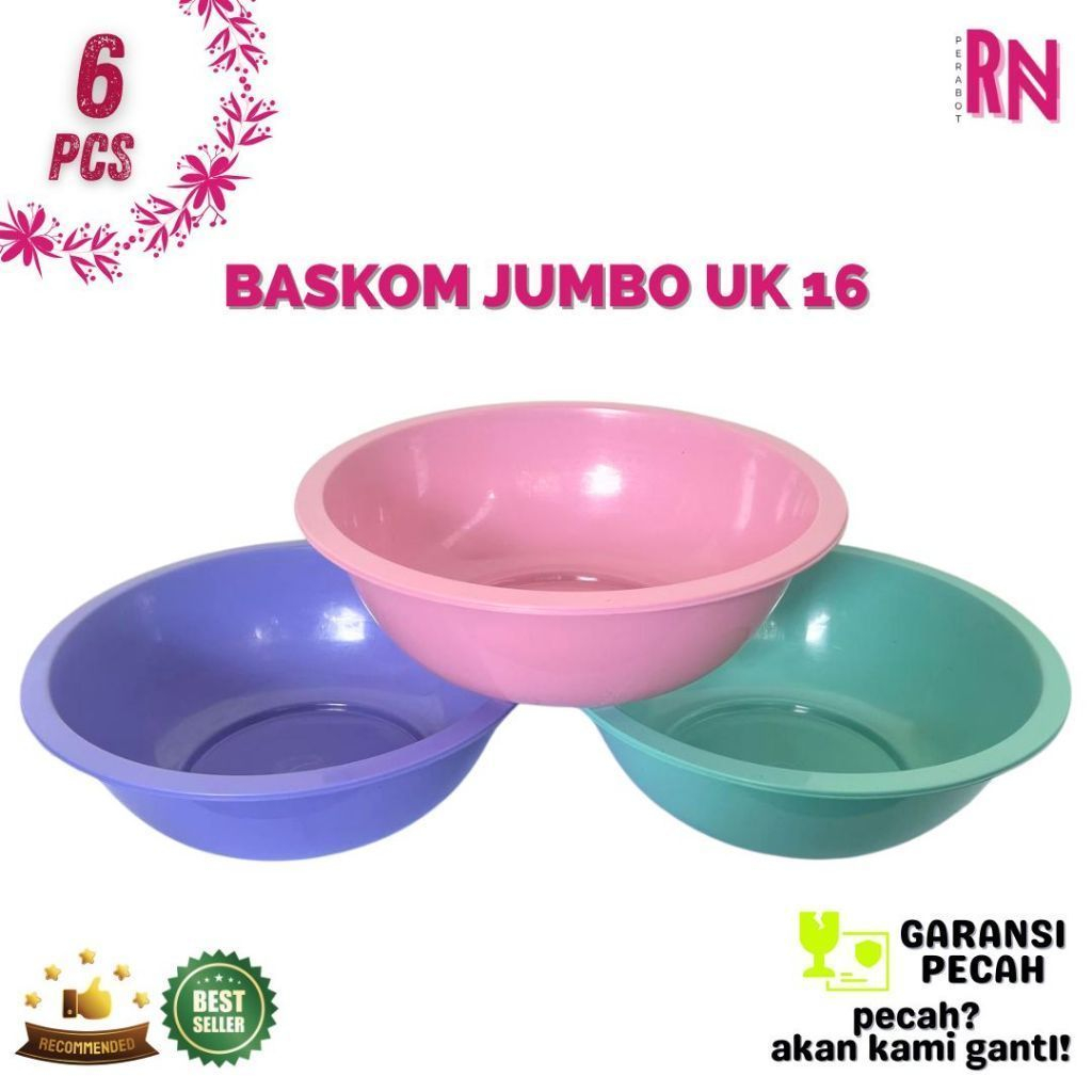 (6 PCS) BASKOM JUMBO WARNA WARNI / BASKOM UKURAN 16 / BASKOM PLASTIK / BASKOM PLASTIK JUMBO / BASKOM