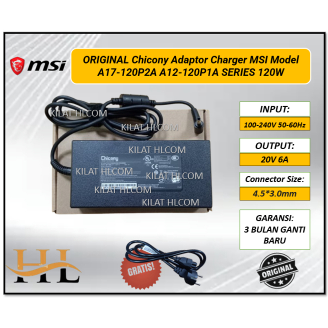 ORIGINAL Chicony Adaptor Charger MSI Model A17-120P2A A12-120P1A SERIES 120W