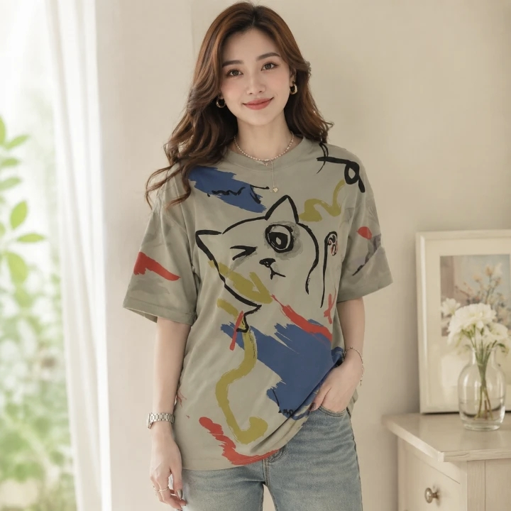 Ready Stock | FADFAD Kaos Oversize Wanita Leher Bulat Motif Lukisan Kucing Grafiti Lengan Pendek Pot