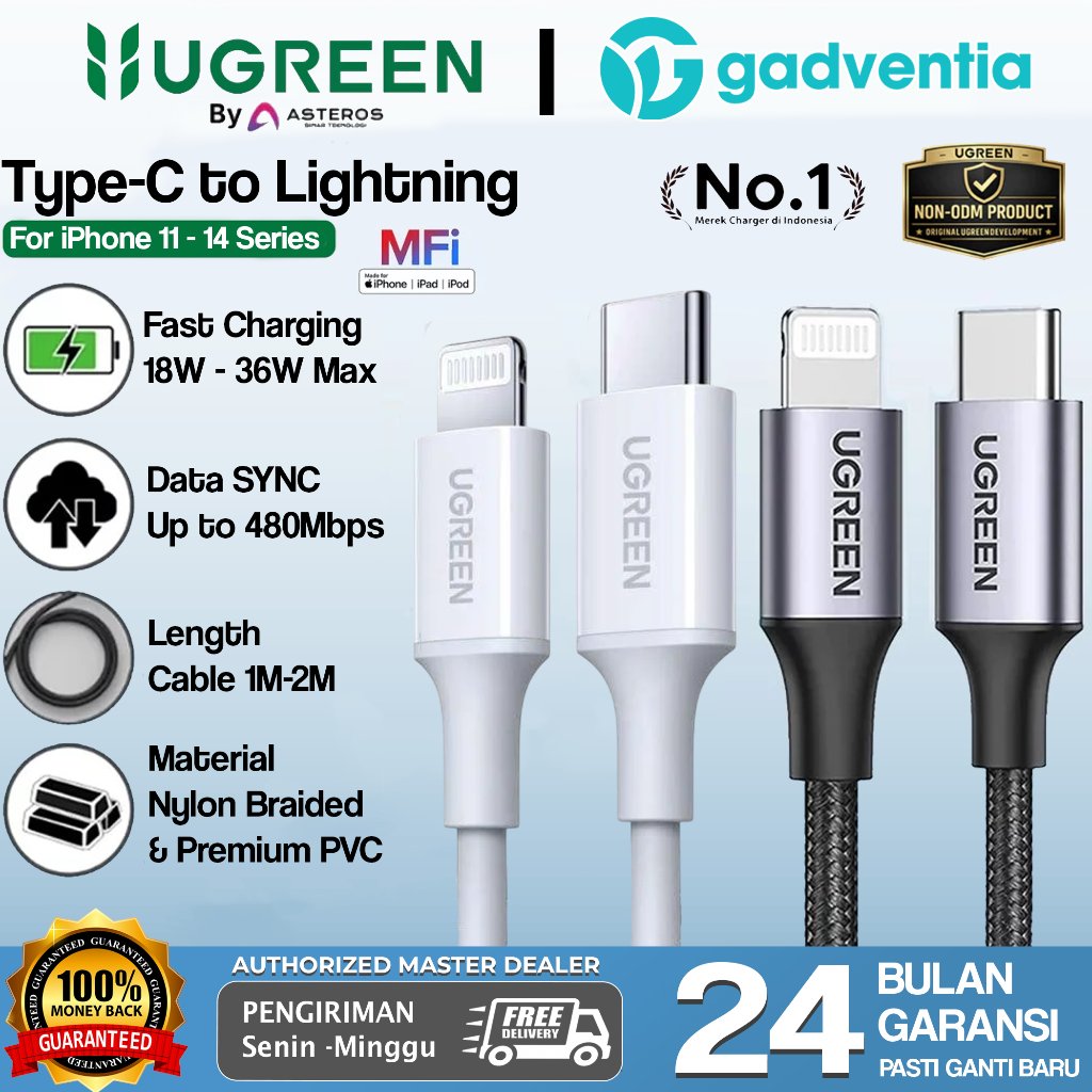 Ugreen Kabel Charger MFI For iPhone 11 12 13 14 Pro Max USB C To Lightning PD Fast Charging 18W-36W