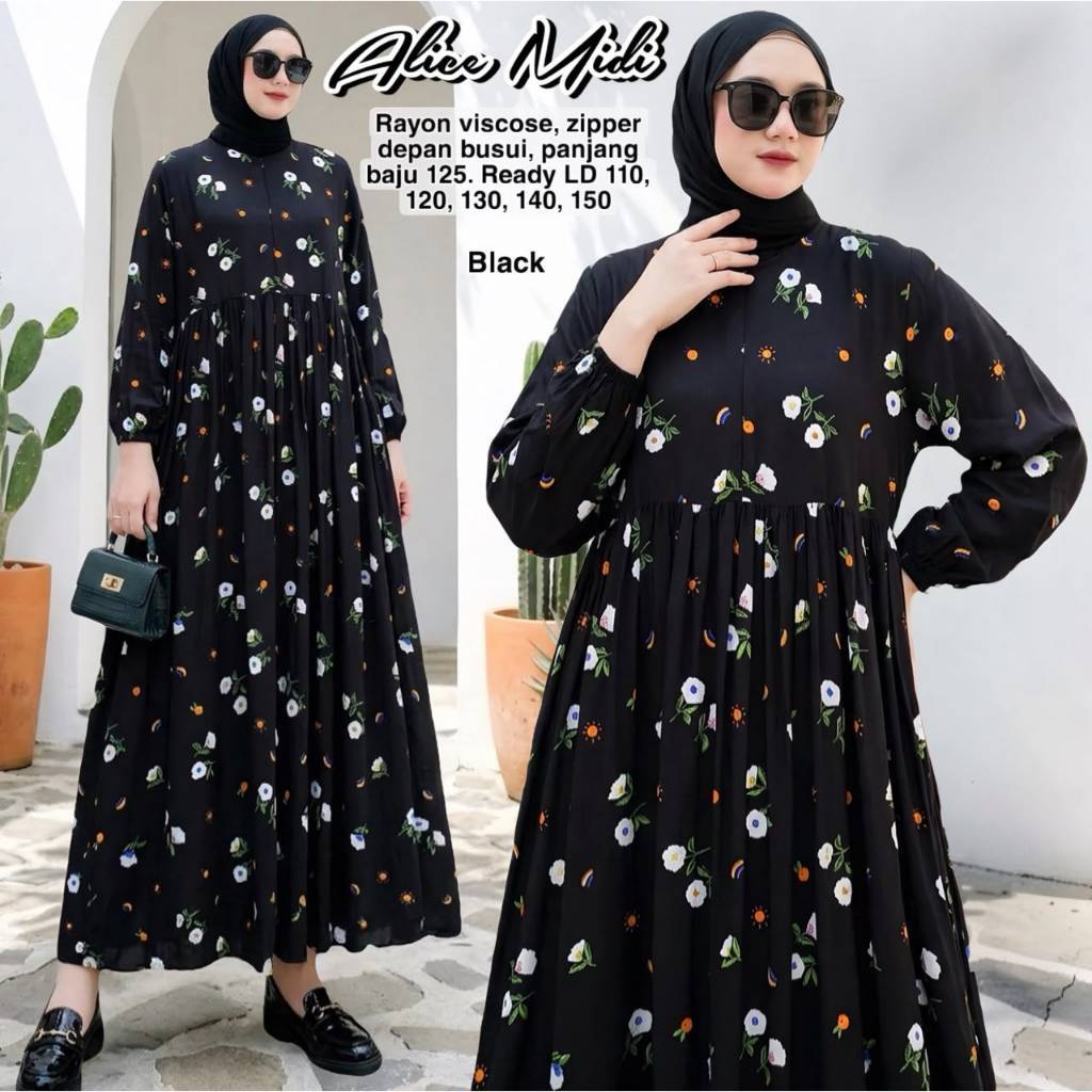 ALICE HARUKA Midi Dress Jumbo LD 110 120 130 140 150 160 Big Size Dress Lebaran Kekinian XL XXL XXXL