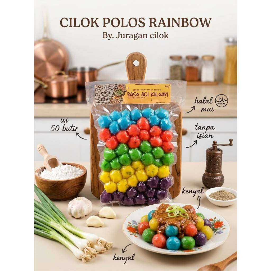 Cilok Polos Rainbow Baso Aci Kiloan 50 Butir Halal Mui Tanpa Isian
