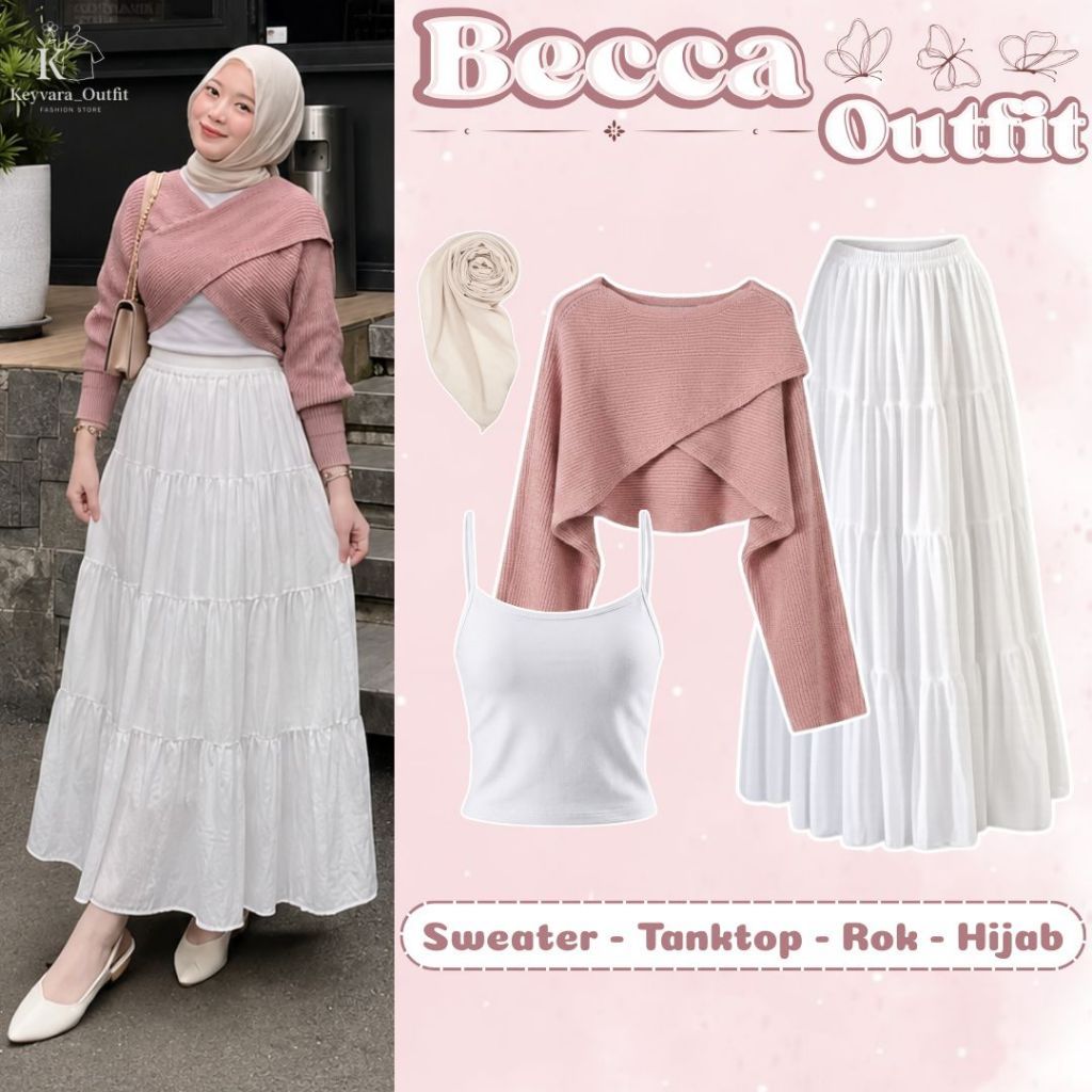 4in1 Set Outfit Kekinian (Sweater Cross Rajut, Tanktop, Rok Susun, Hijab) Setelan Korean Hangout KY1