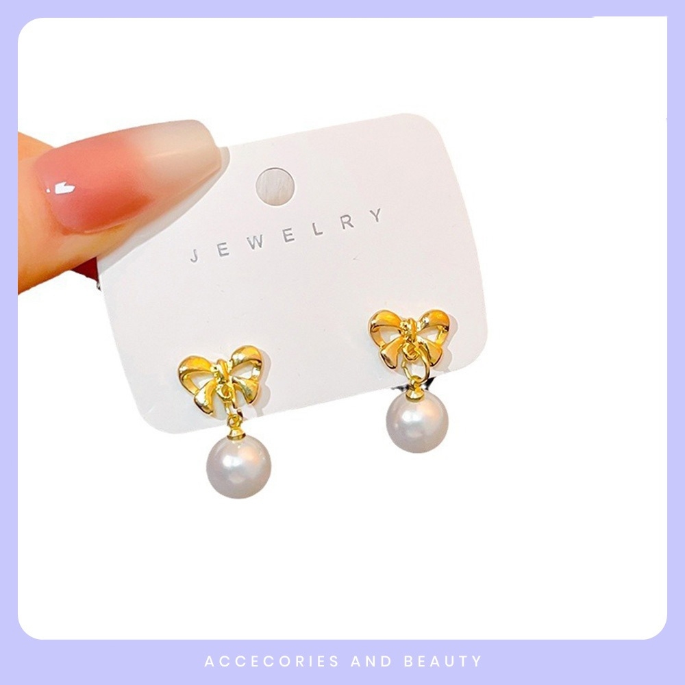 Anting Korea Pita Emas Dengan Bandul Mutiara Putih Elegan Pretty [ATGPTMT]