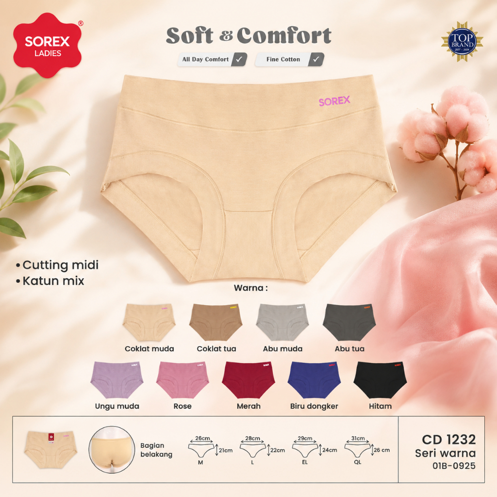 Sorex Celana Dalam Wanita Basic Midi Wanita Super Stretch Warna Warni CD 1232 - 3 Pcs