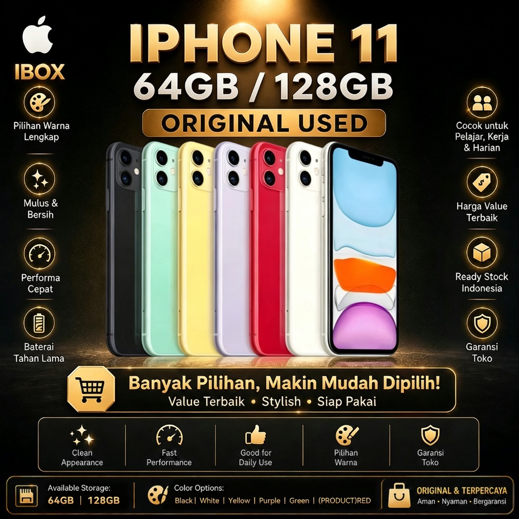 IBOX-IPhone 11 Original Bekas 99% Mulus 64GB/128GB hp Ready Stock Garansi Toko Color White/Black/Pur