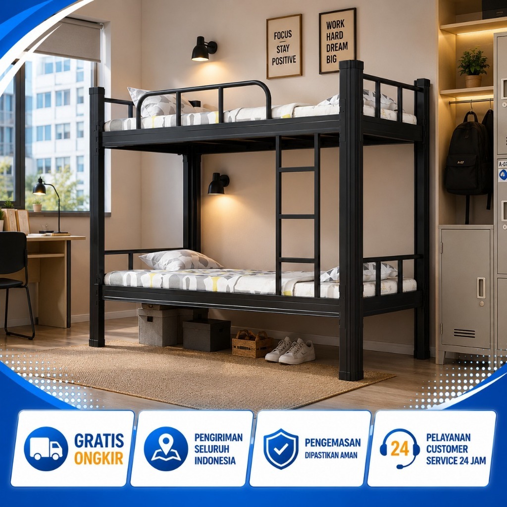 Dipan Tempat Tidur Ranjang Besi Tingkat 2 Susun Kuat & Kokoh
