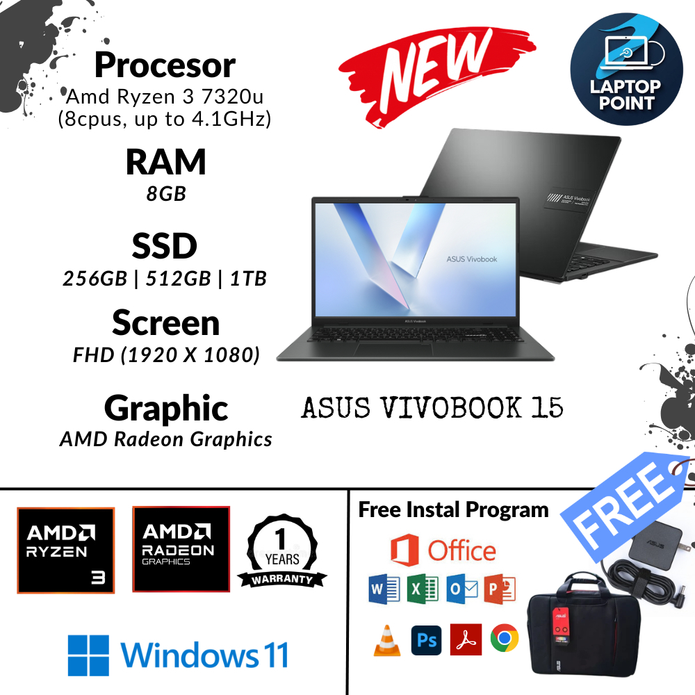 Laptop Baru Asus Vivobook AMD Ryzen 3 7320u | AMD Ryzen 5 40 Black 15inch 8/1TB