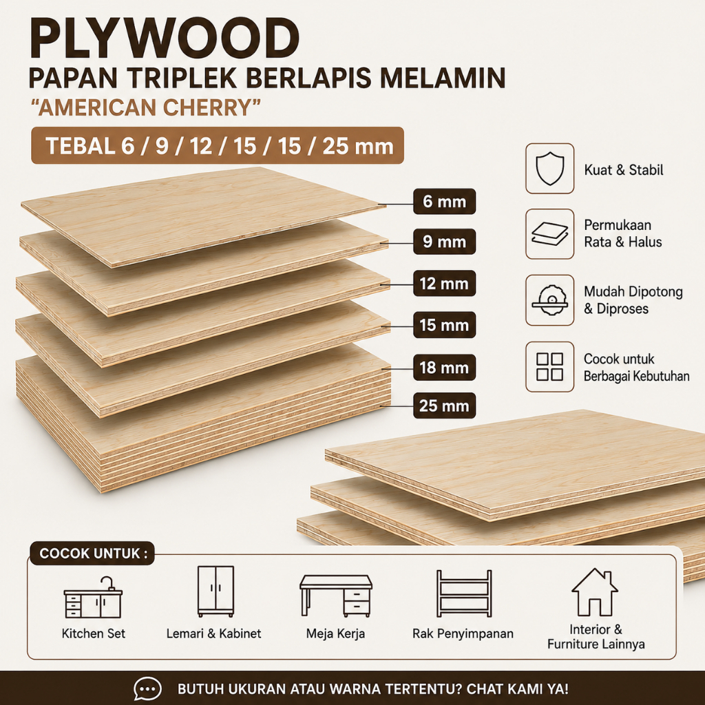 Triplek Multiplek Plywood "AMERICAN CHERRY" lapis melamin 1 lembar- papan kayu furniture Interior DI