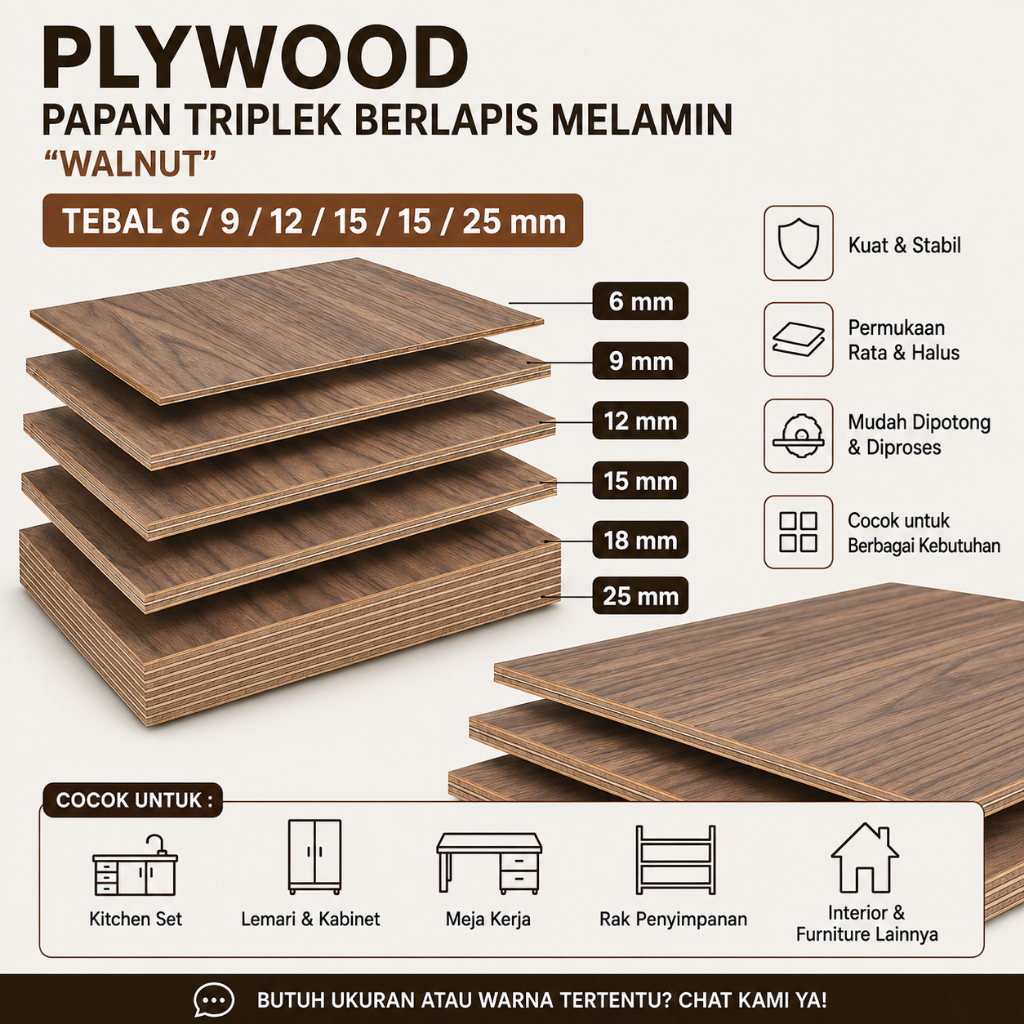 Triplek Multiplek Plywood "WALNUT" lapis melamin 1 lembar- papan kayu furniture Interior DIY KETEBAL
