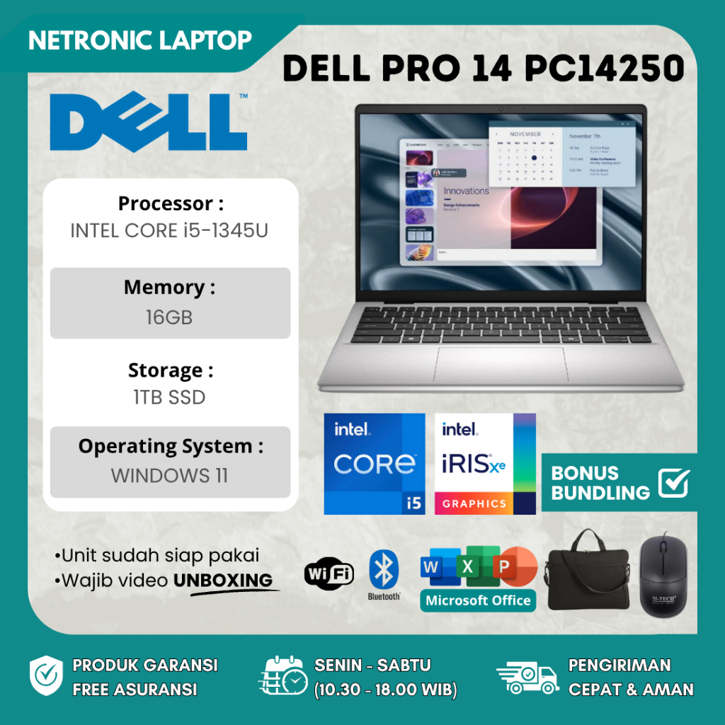 DELL Pro 14 PC14250 INTEL CORE i5-1345U 16GB SSD 1TB 14" WUXGA