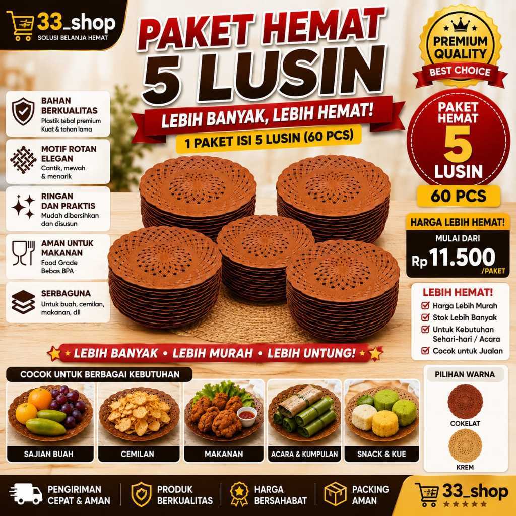 Paket Hemat Piring Rotan Plastik Isi 60 Pcs 5 Lusin | Piring Sajian Snack Makanan Motif Anyaman