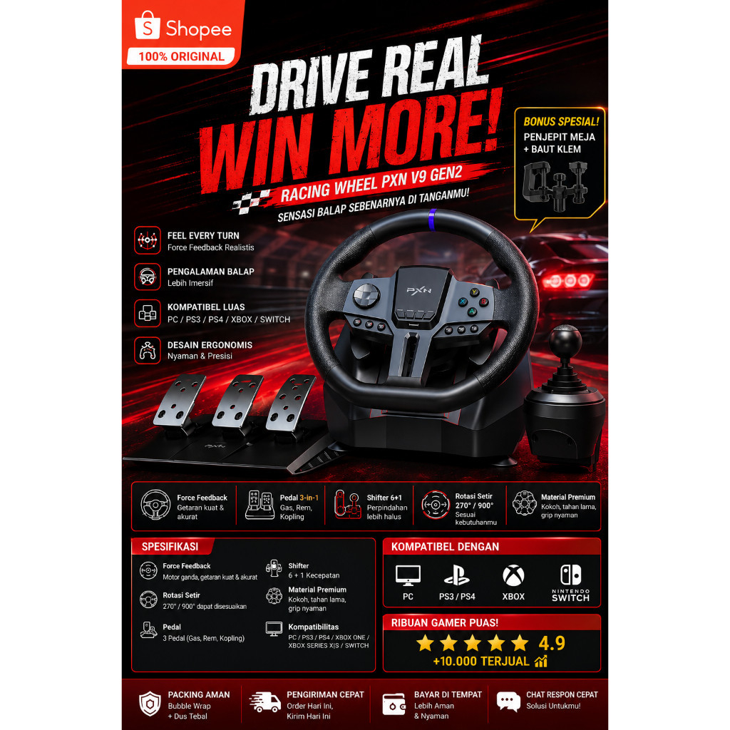 Pxn V9 Gen2 Steering Wheel 16 Bit Magnetic Encoder Racing With Rgb Stir Setir Ps3 Ps4 Pc Xbox Series
