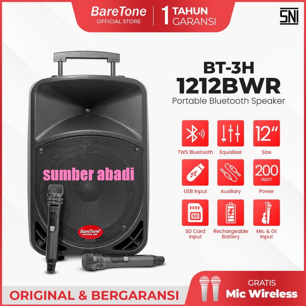 BARETONE BT 3H1212 BWR PORTABLE WIRELESS SPEAKER BLUETOOTH BT 3H 1212BWR 12bwr 12 INCH ORIGINAL GARA