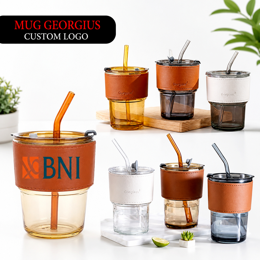 Gelas Mug Georgius Custom Logo dengan Tutup dan Sedotan Holder Krim/Gelas kaca / CUSTOM