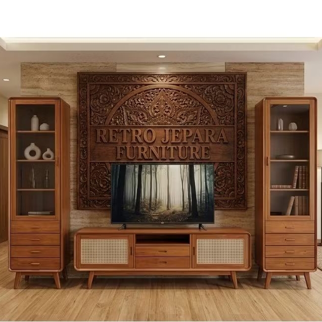 Bufet TV kayu Jati Rotan Lemari Pajangan Jati Lemari TV Kayu Jati