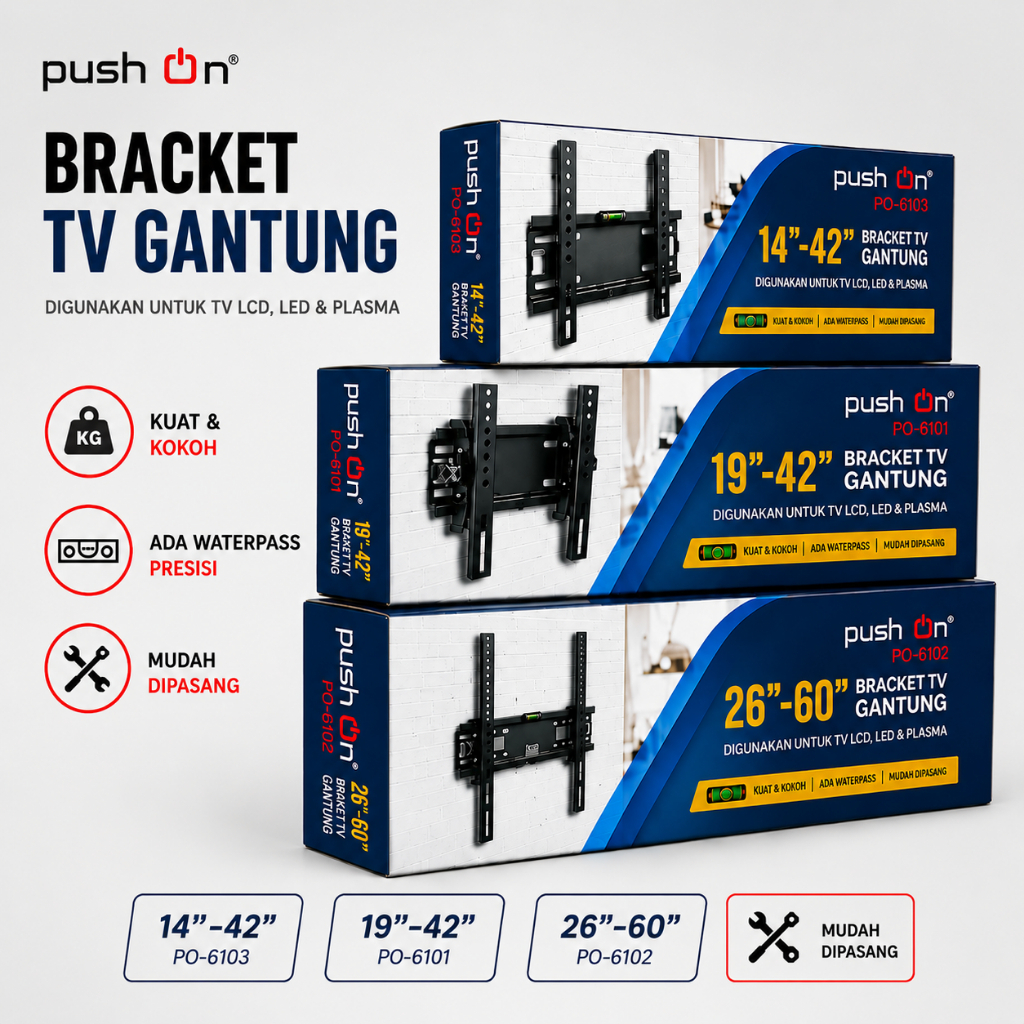 Bracket TV LED LCD Push On PO-6101 PO-6102 PO-6103 Wall Mount TV 14-60 Inch Gantung TV