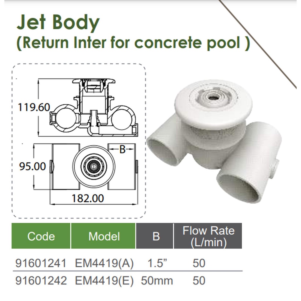 NOZZLE JET SPA EMAUX 1,5" INCH 50MM WHIRPOOL MASSAGE JET JACUZZI SPA Inlet Fitting Untuk Kolam Renan