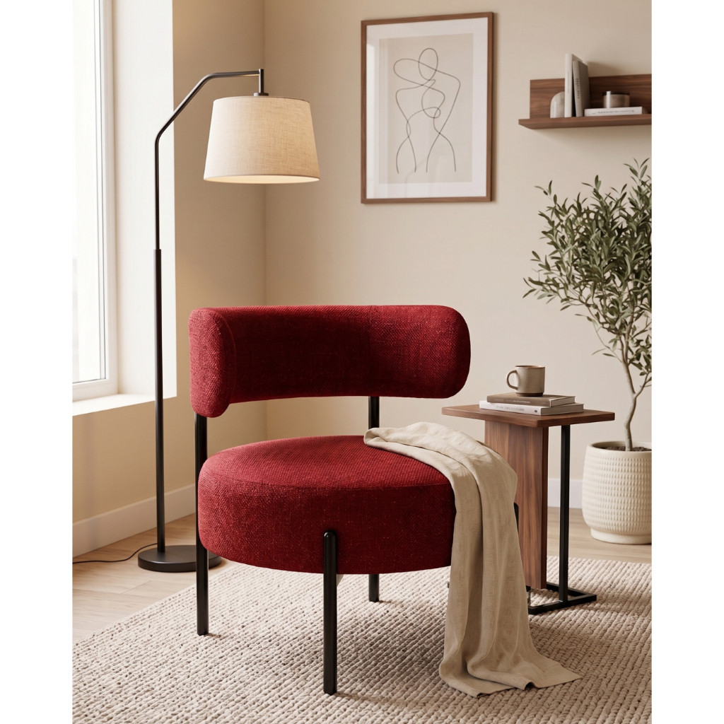 Kursi Santai Lounge Chair Sofa Single Bulat Merah Sandaran Lengkung Aesthetic