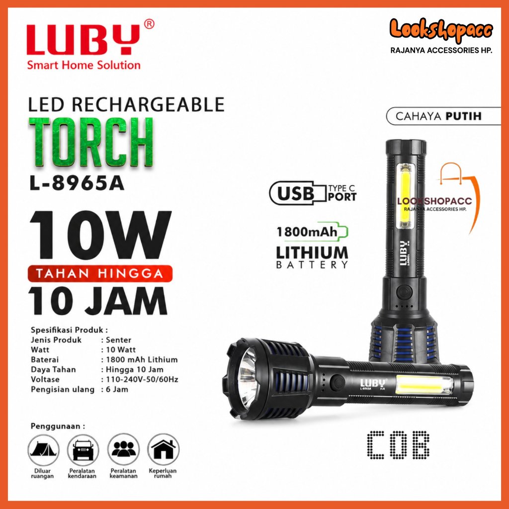 LUBY L-8965A / L-8966A Senter Tangan Led Rechargeable COB Cahaya Putih Senter Ori Luby 100%