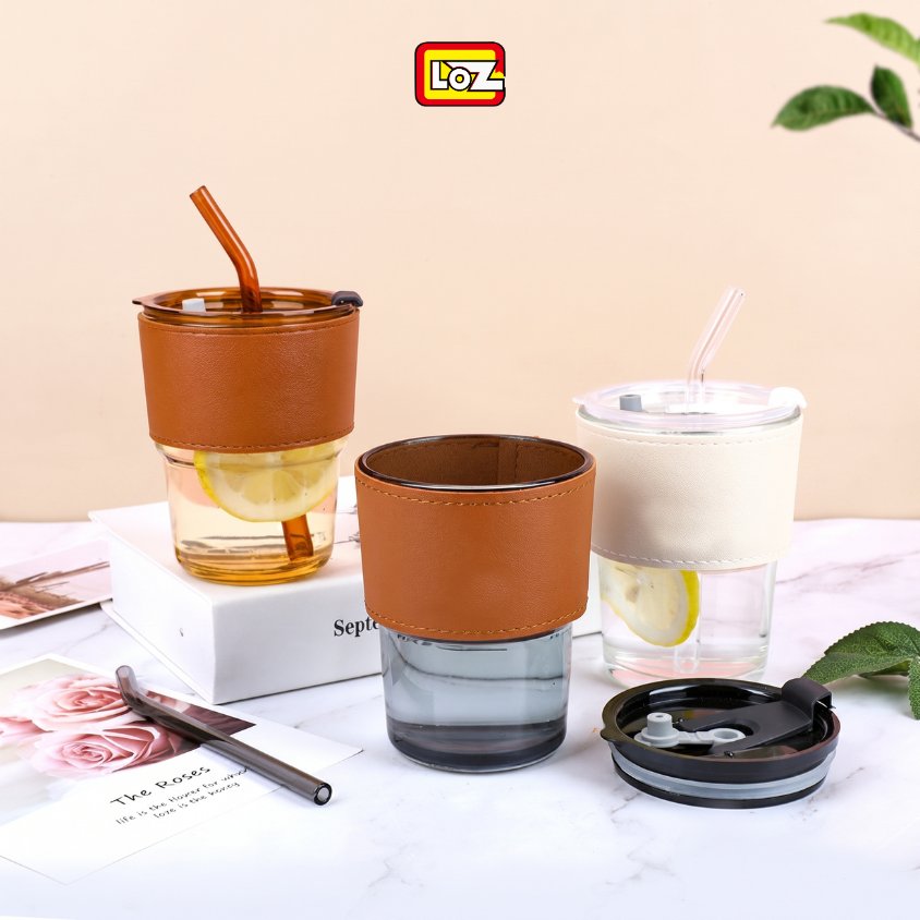 Gelas Mug Kaca Korean Style Cup Kopi Teh 320ml + Sedotan Kaca & Grip Leather Korean Style Mug Coffee