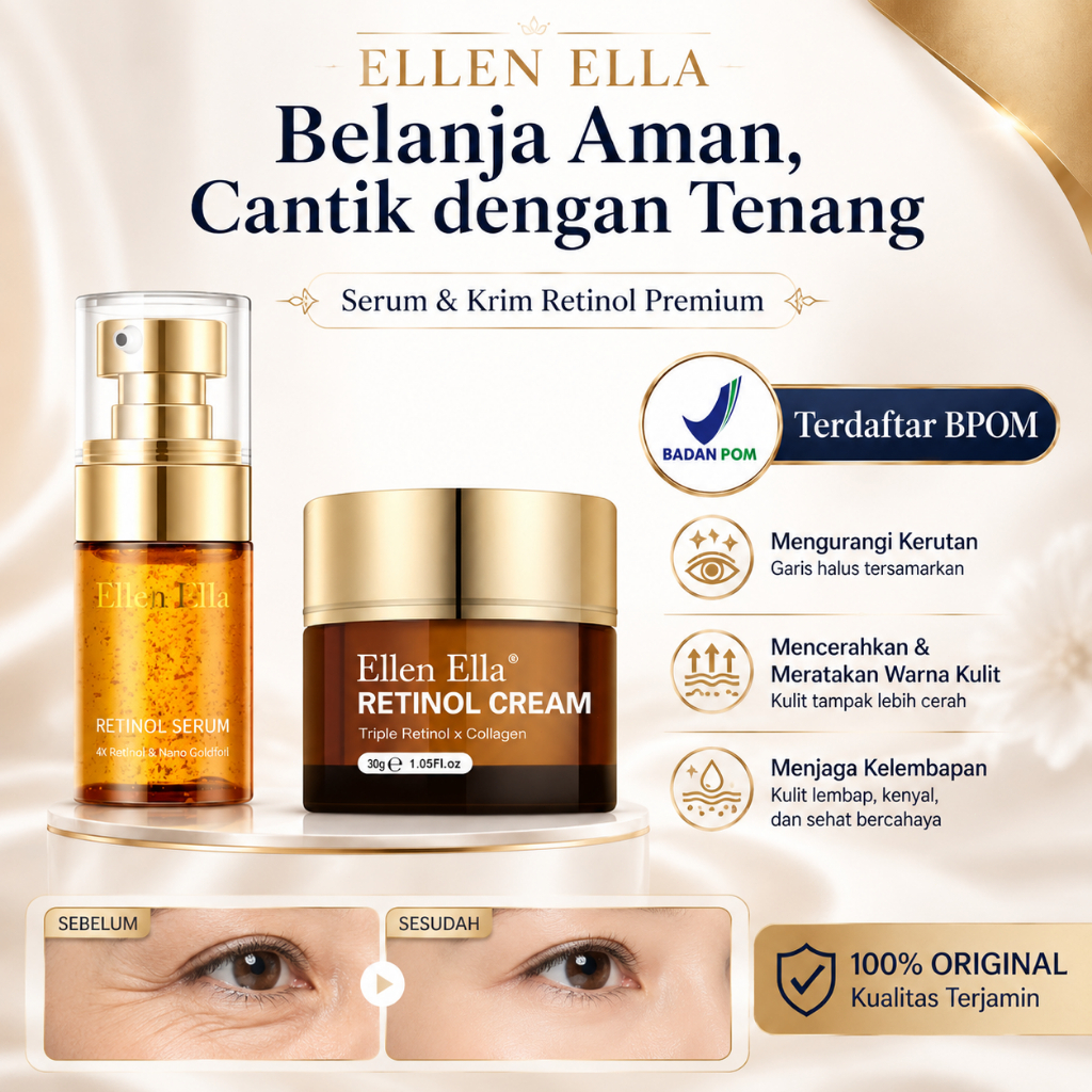 ELLEN ELLA Retinol Anti Aging Set Retinol Serum 35ml Flek Hitam dan Glowing Ampuh bpom Cream 30g Mat