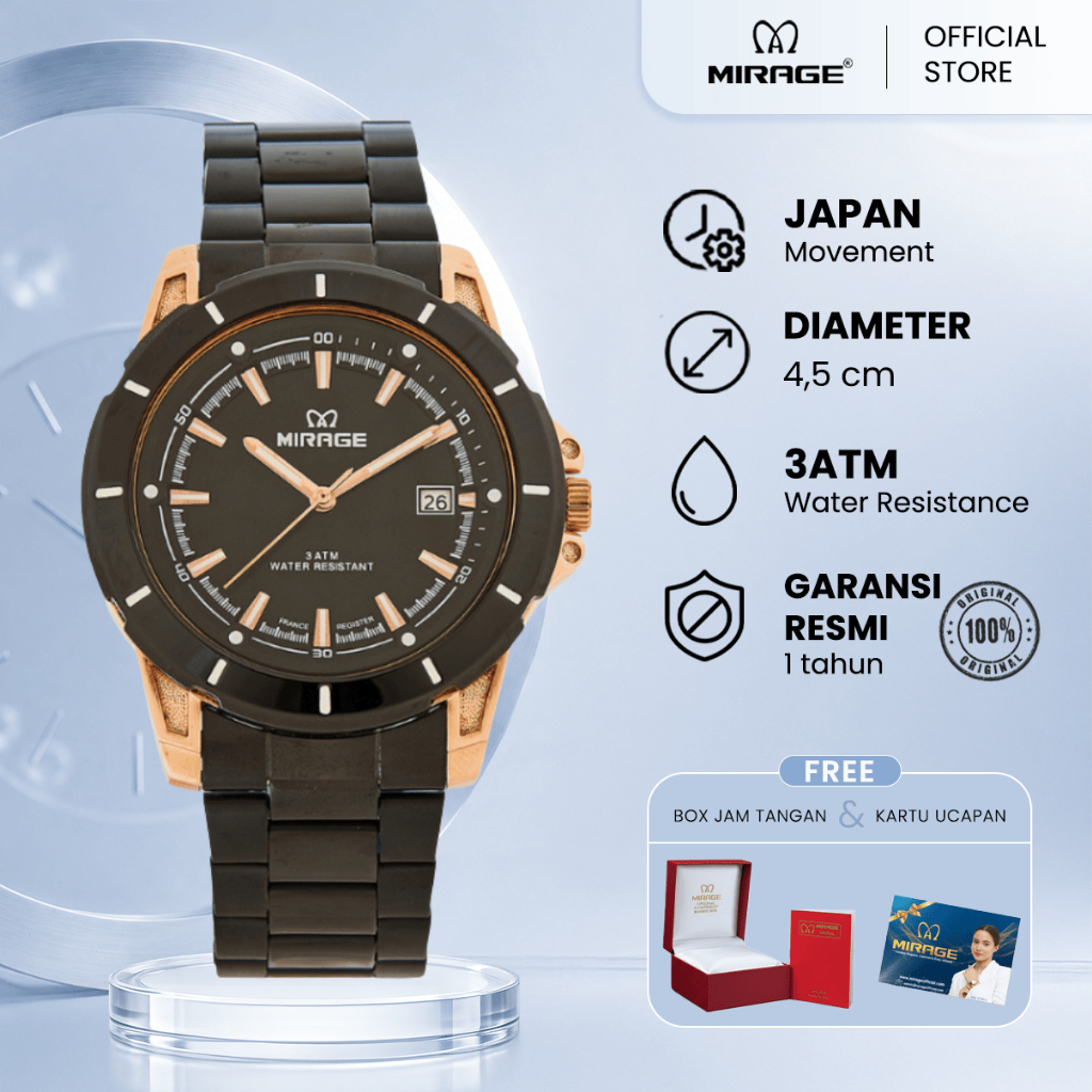 Mirage Jam Tangan Original Pria Analog 8713 M Black Rose Gold Original Stainless