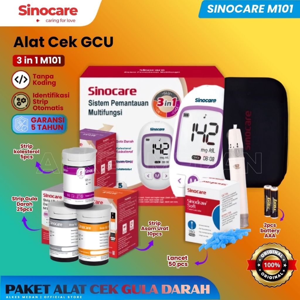 ALAT SINOCARE GCU 3IN1 ALAT CEK GULA DARAH, ASAM URAT DAN KOLESTEROL GARANSI 5 TAHUN ALKES MEDAN