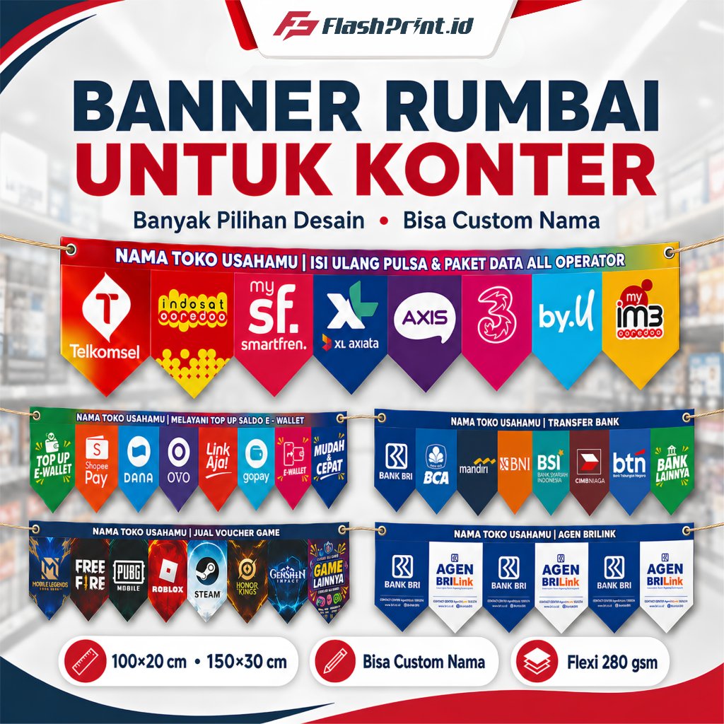 Banner Rumbai Konter Custom Nama Spanduk Renda Pulsa Top Up E-Wallet BRILink Transfer Bank Voucher G
