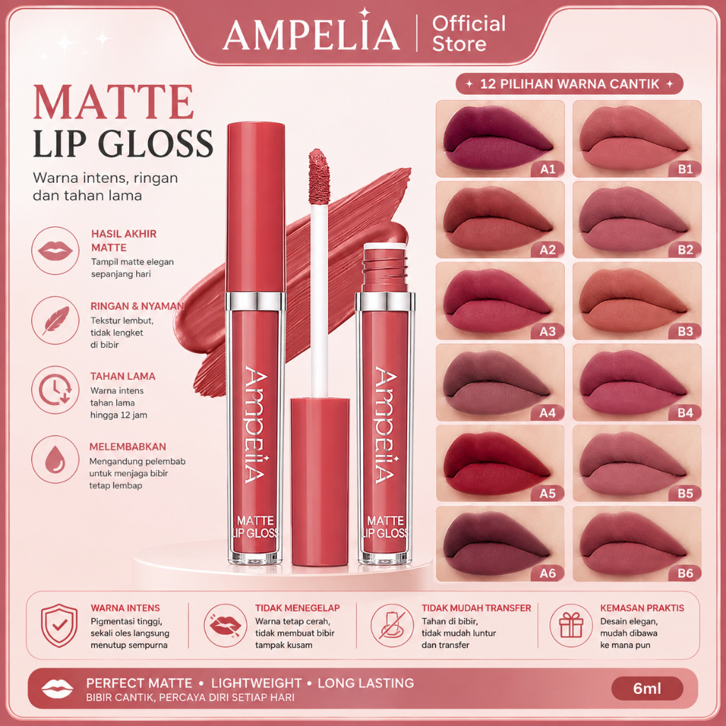 Ampelia Lipstik paket 6 warna Makeup Set Matte Liquid Lipstick 6pcs Lip gloss Lipstik Matte Make Ove