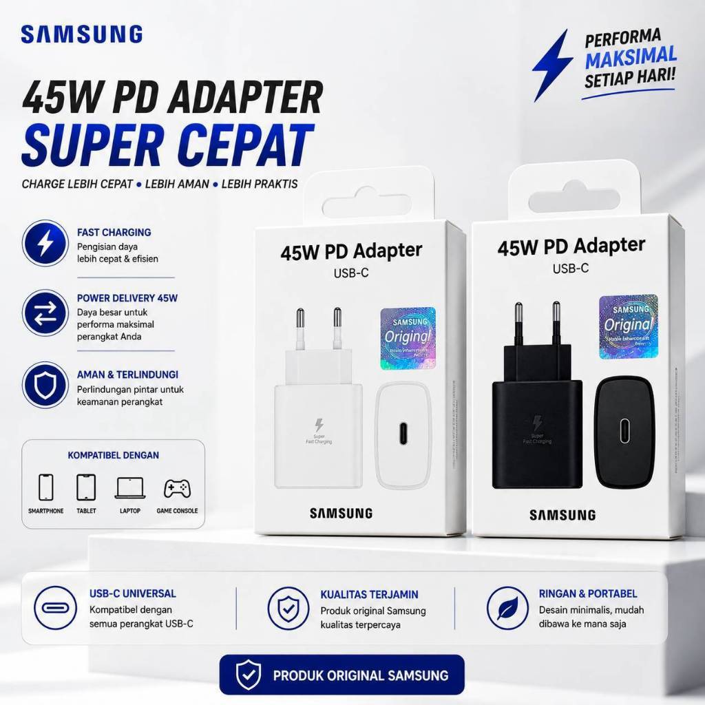 Adaptor Samsung 45W EP-TA845 C to C Adaptor Super Fast Charging, Original Samsung 100%