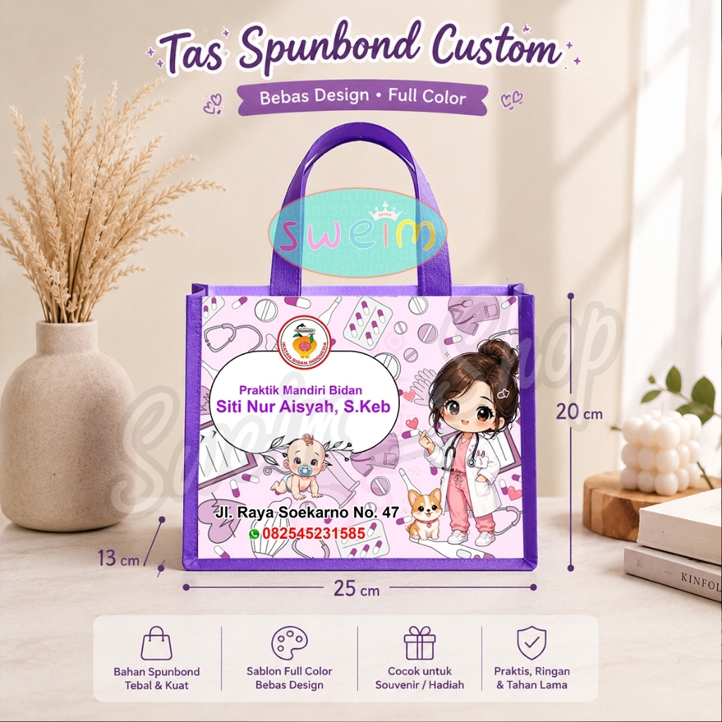 Tas Goddie bag Bidan / Tas Custom Bidan/ Tas spunbon bebas custom / tas custom bebas design
