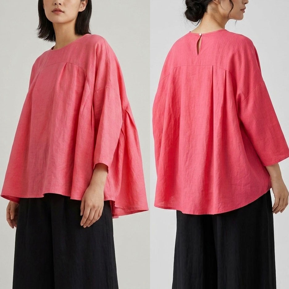 BLUS KATUN LINEN FUSCHIA PINK MAGENTA OVERSIZE DROP SHOULDER KOREA IMPORT