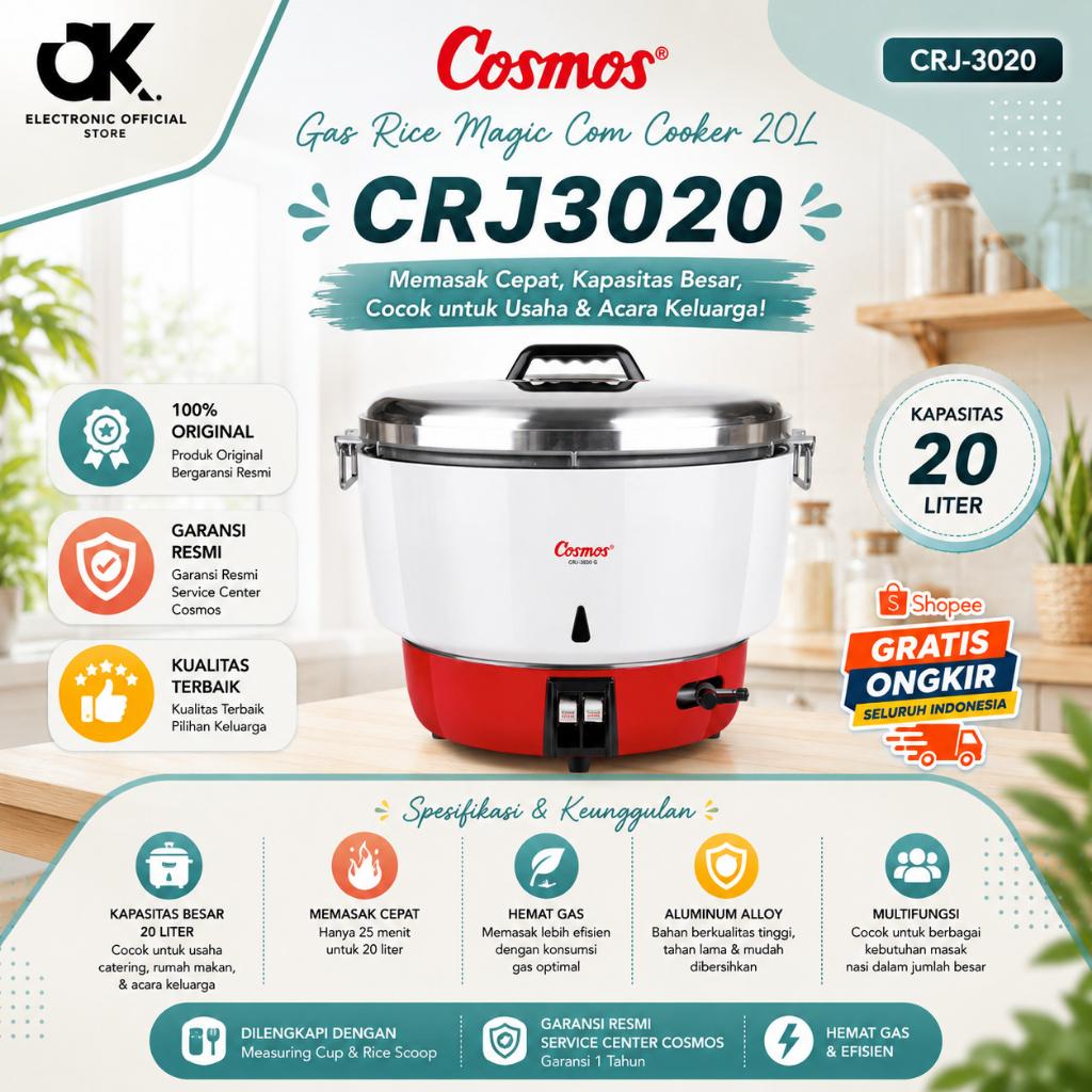 Cosmos Gas Rice Magic Com Cooker 20L CRJ 3020/CRJ-3020/CRJ3020/3020/PENANAK NASI 20 LITER/ORIGINAL