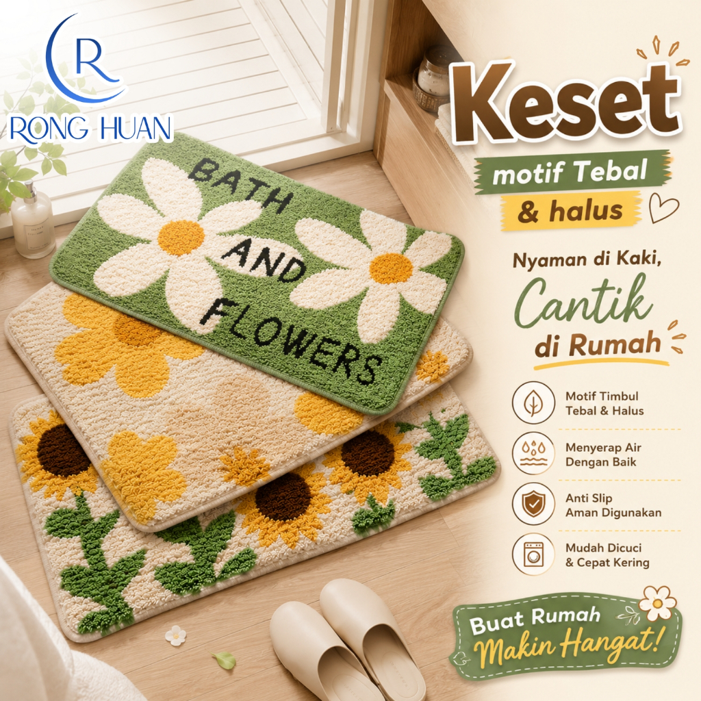RONGHUAN Keset Kaki Motif Bunga Matahari Sunflower Anti Slip Karpet Floor Mat Kamar Tidur Aesthetic