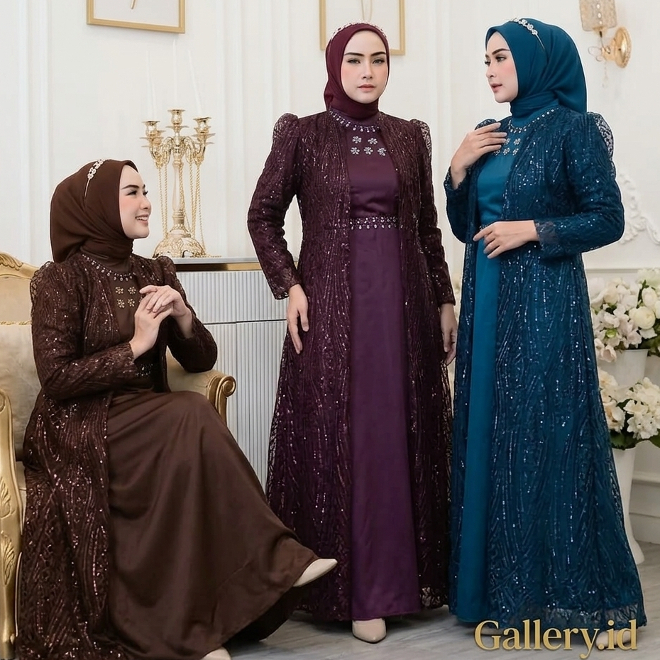BIANCA Dress Velvet Mix Tille Brukat Payet Brukat Wanita Pesta Burgundy