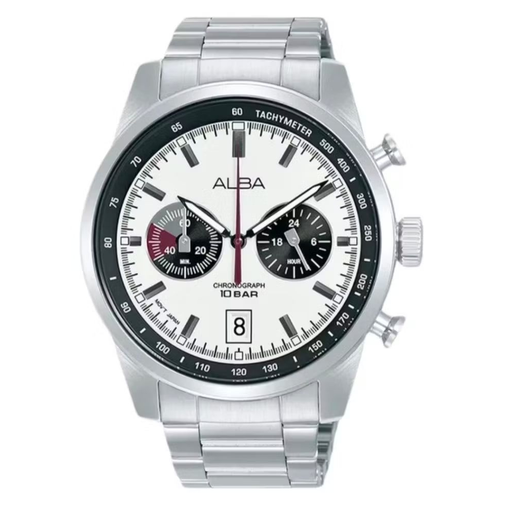 Jam Tangan Pria Alba A4B009X1 A4B009 Chronograph Panda White Black Dial Stainless Steel