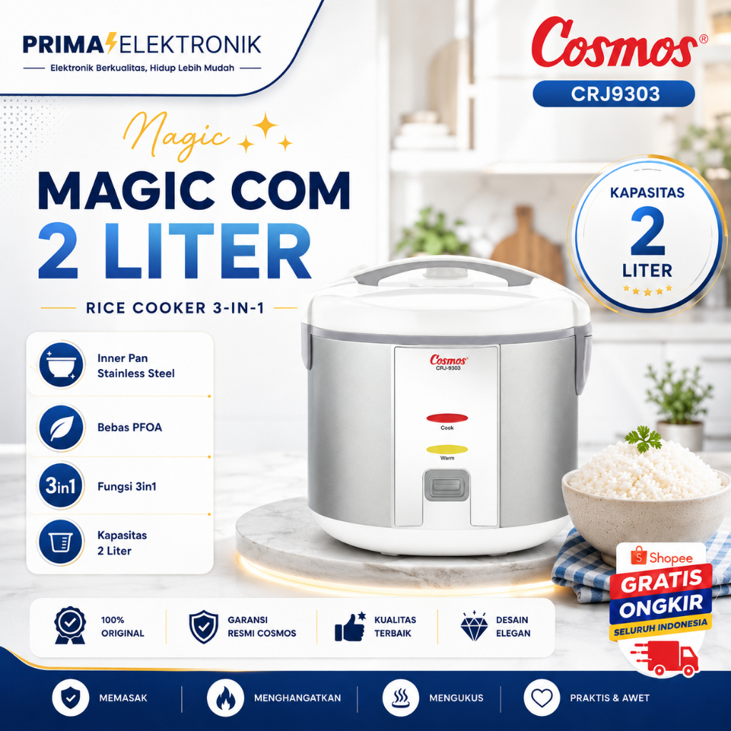 COSMOS RICE COOKER NON STICK CRJ9303 2L/CRJ-9303/CRJ 9303/CRJ-9303/CRJ 9303/ORIGINAL GARANSI RESMI