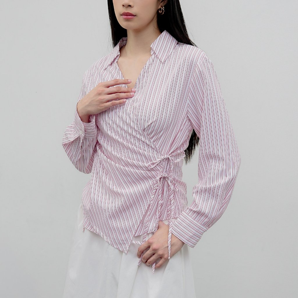 This Is April Audreyna Top Kemeja Wanita Lengan Panjang Striped Spread Tie Korean Style Pink