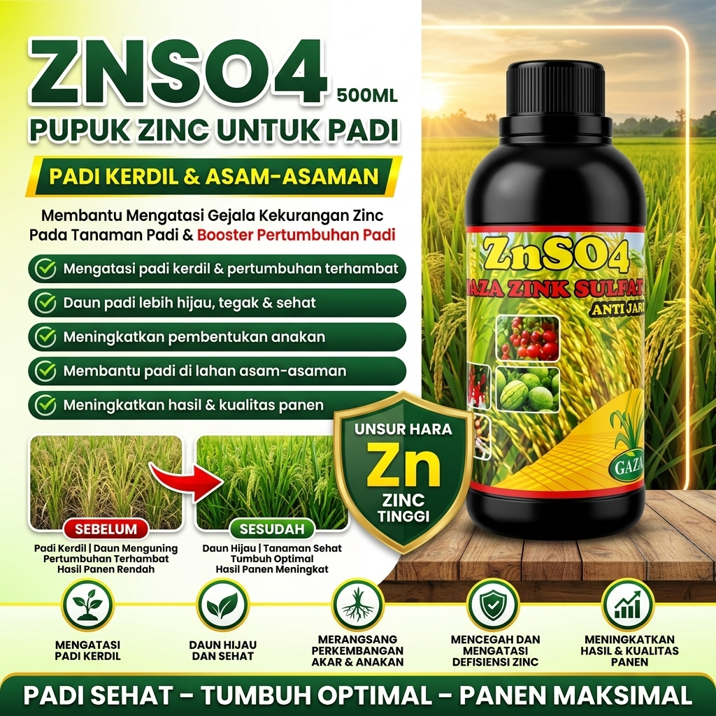 ZNSO4 500ML Pupuk Zinc Padi Kerdil | Pupuk Zn untuk Padi Asam-Asaman | Membantu Mengatasi Gejala Kek