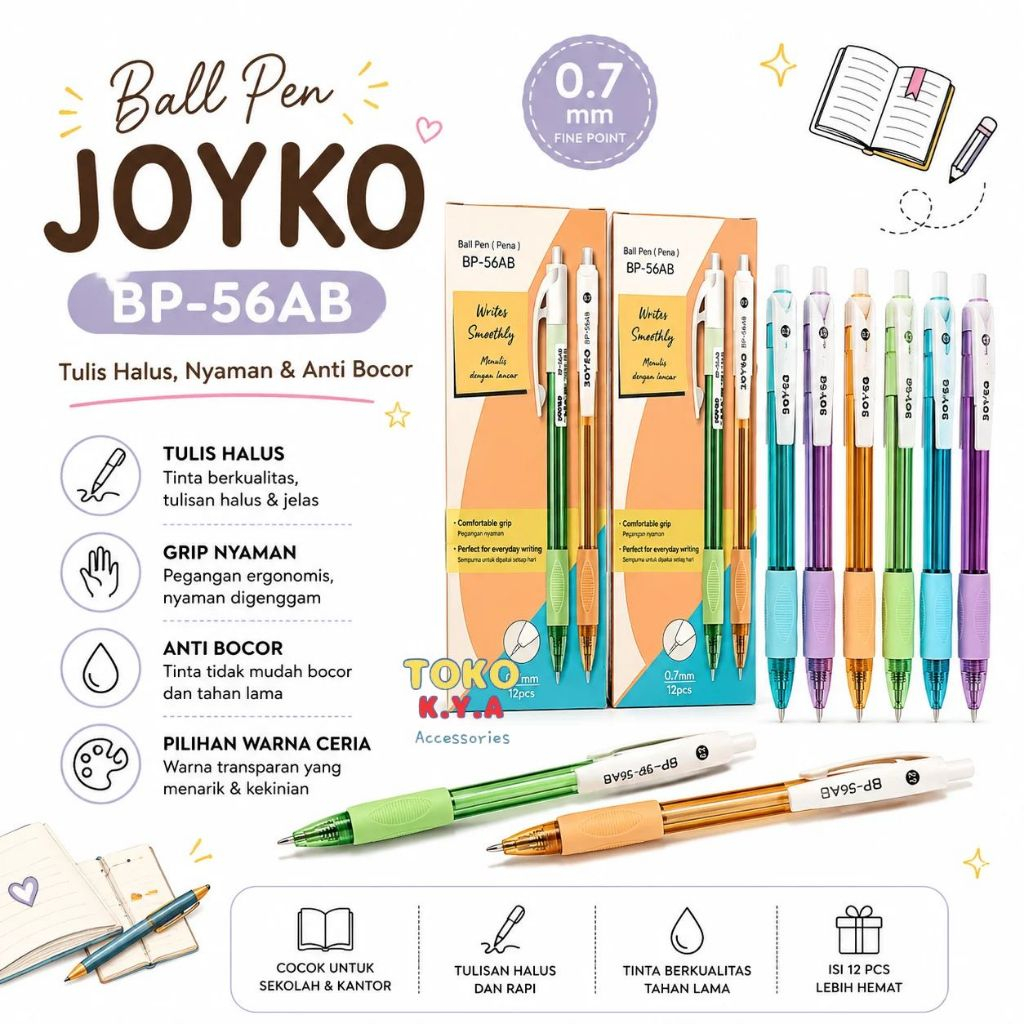 (12PCS) PULPEN BALL PEN/PULPEN JOYKO MURAH/BALL PEN JOYKO /PULPEN JOYKO  0.7mm/ JOYKO BP-56AB