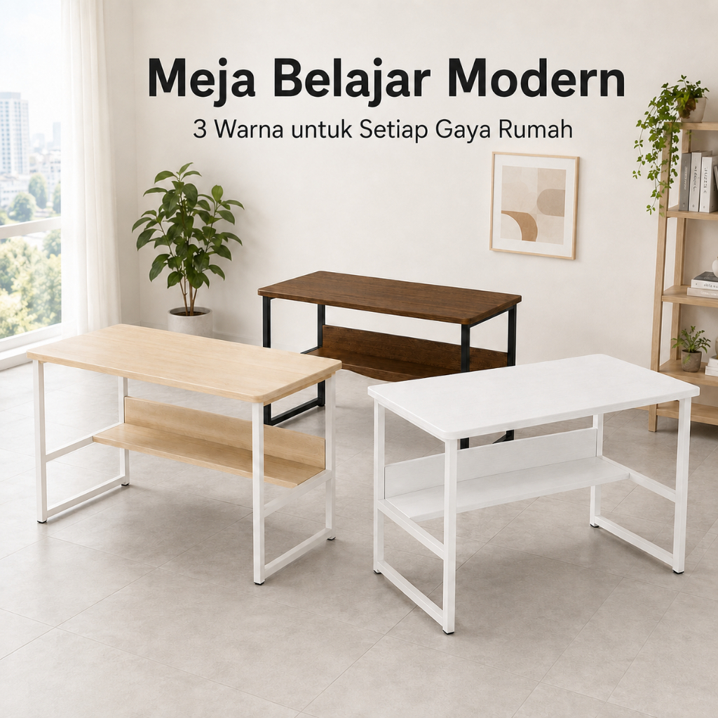 Meja Komputer Minimalis Rangka Besi Kokoh Dilengkapi Rak Penyimpanan Bawah  Cocok Untuk Rumah & Kant