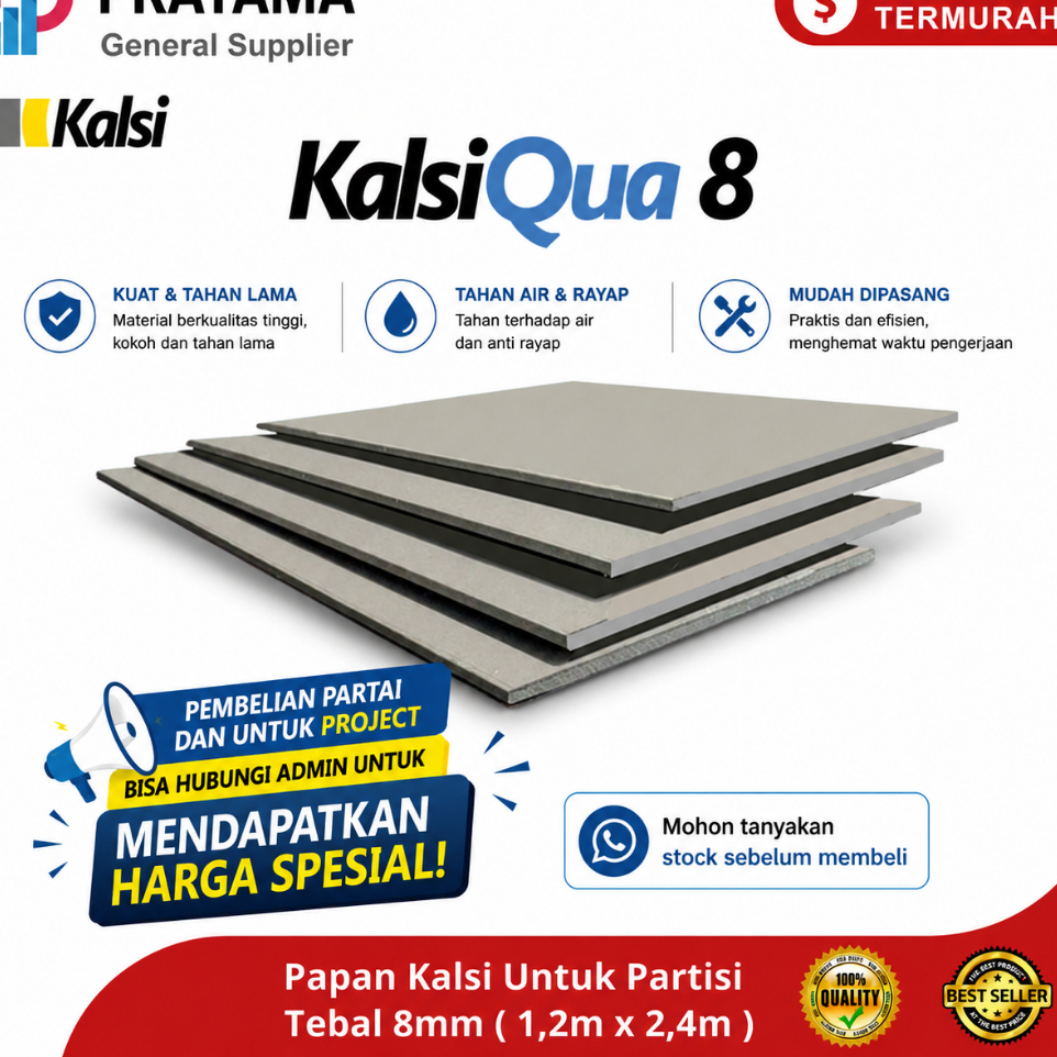 KalsiQua 8 papan fiber semen 100% Bebas Asbes | Aplikasi Partisi Area Basah - ANTI & KEDAP AIR | sur