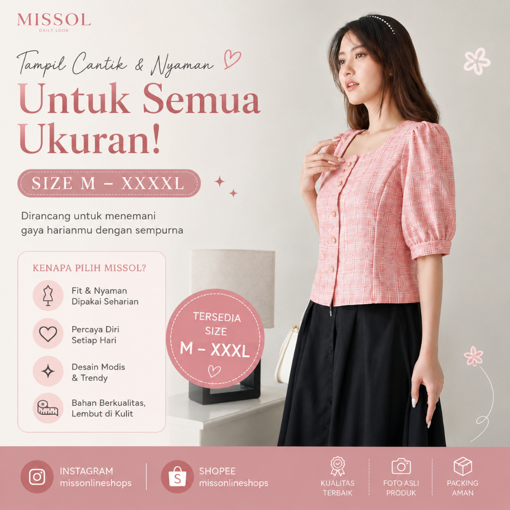 MISSOL BL11822 (Size L XL XXL XXXL) Tweed korea, dan flower crinkle leher kotak 11822