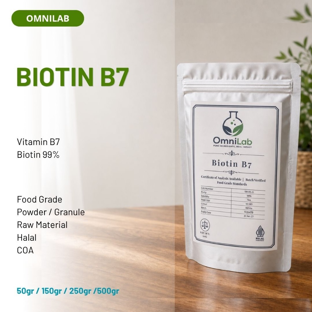 OmniLab Biotin B7 99% Food Grade Vitamin B7 Powder Bahan Baku Biotin Murni Raw Material 50gr 100gr