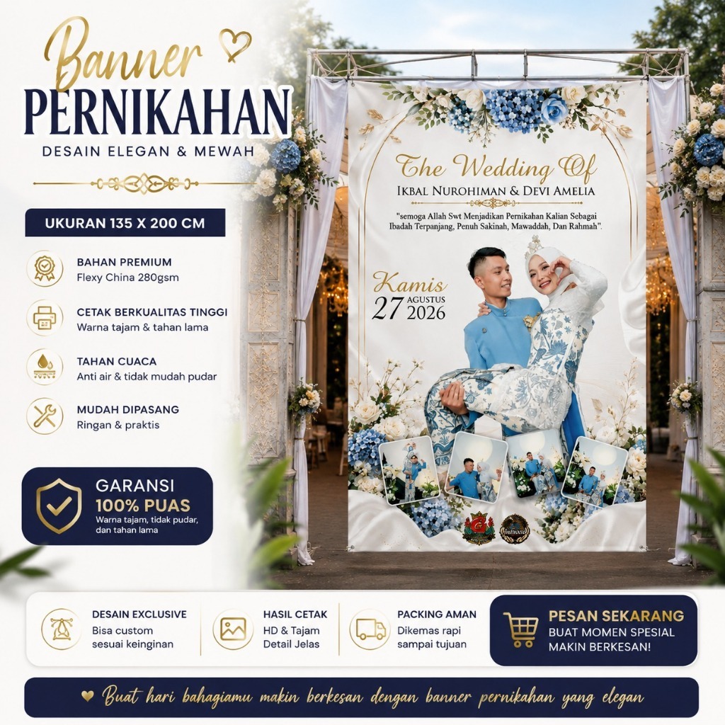 Banner Pernikahan Custom 135x200cm | Banner Wedding Elegan & Mewah | Dekorasi Gerbang Pernikahan