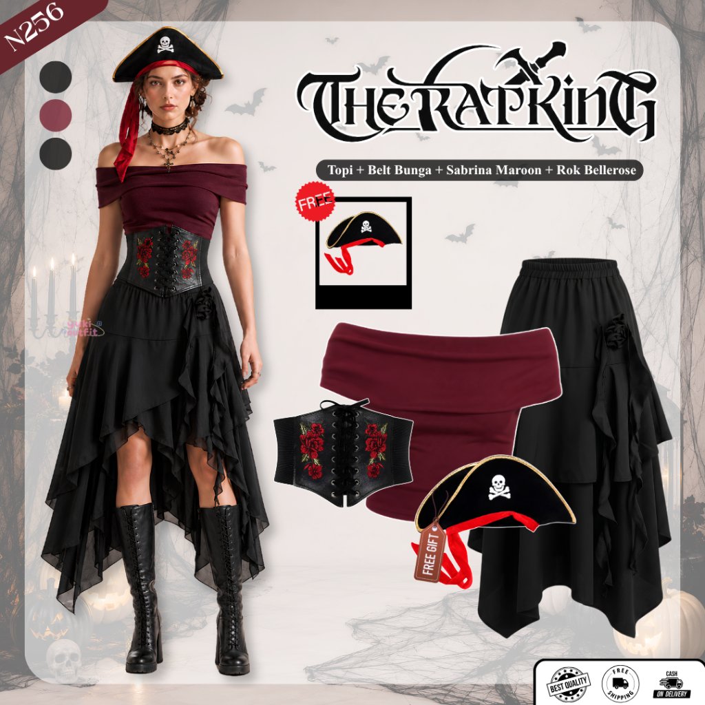 Kostum Pirates Of The Caribbean (Belt, Topi, Sabrina, Rok Bellerose) Yearbook Trend Kekinian - N256