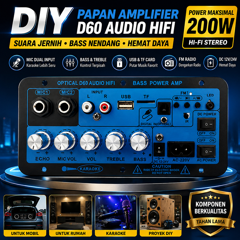 DIY Amplifier Board D60 Audio HIFI Power Amp Bass Treble Control USB TF Karaoke DC12V 24V