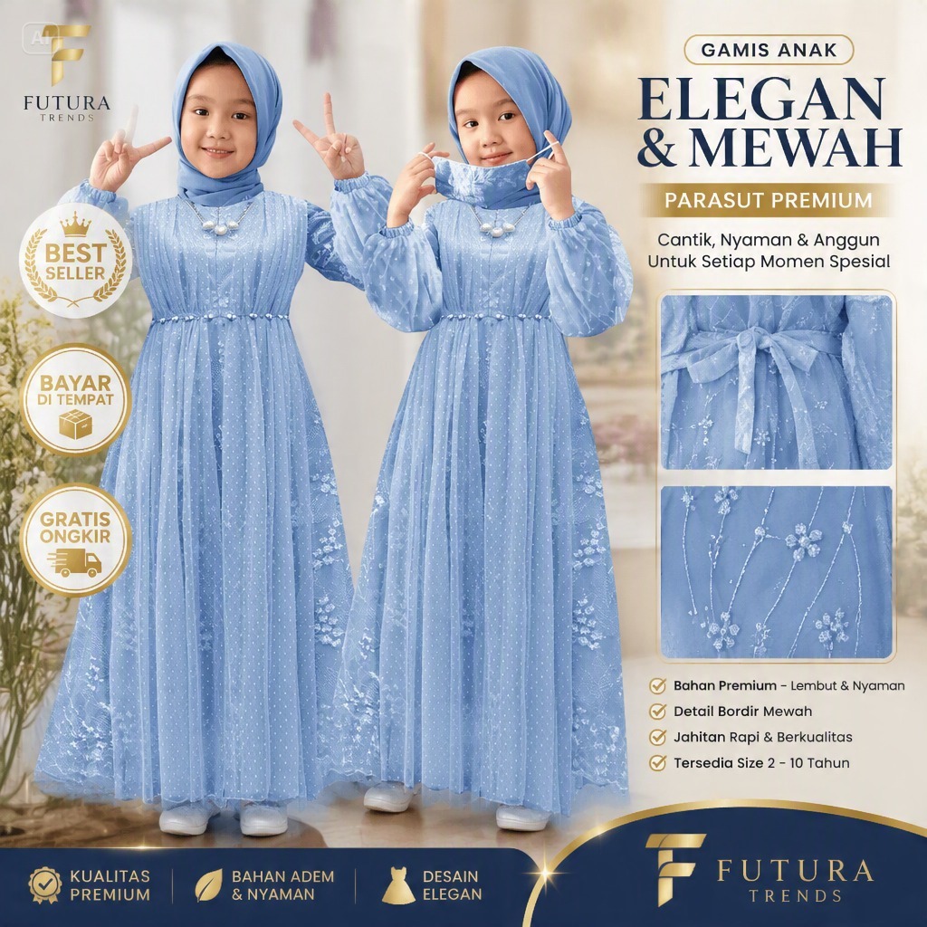 Gamis Anak Perempuan Brukat warna Biru Muda